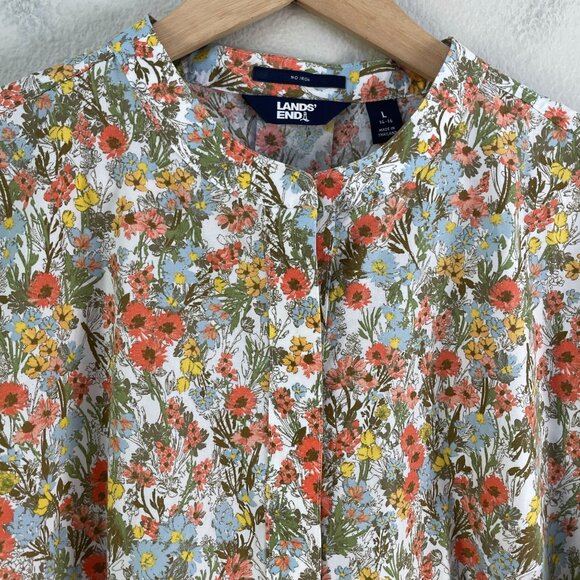 Lands End Womens Large Floral No Iron Blouse Button Front Shirt Collarless - Picture 8 of 11